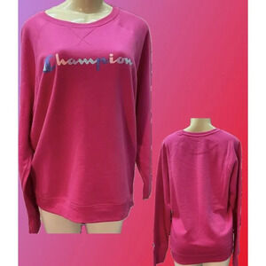 Champion L Pink Magenta Logo Graphic Crew Neck Long Sleeve Sweatshirt